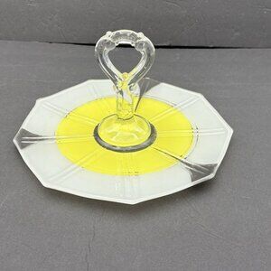 VTG Indiana Glass Tidbit Sandwich Tray‎ Yellow Art Deco Moderne 30s Artsy *read